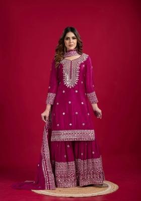 Pink Zari Work Art Silk Sharara Set With Dupatta