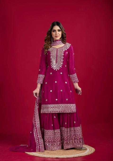 Pink Zari Work Art Silk Sharara Set With Dupatta