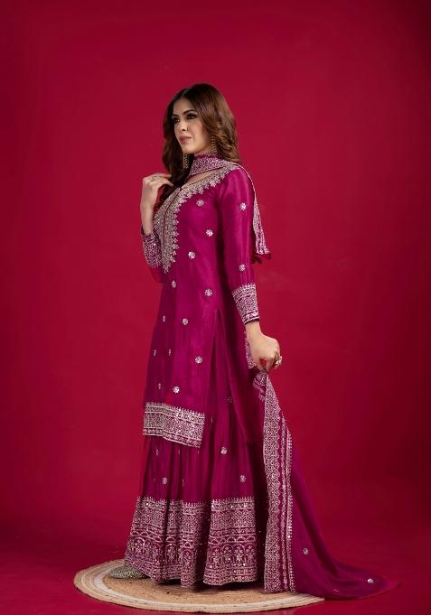 Pink Zari Work Art Silk Sharara Set With Dupatta