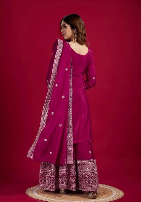 Pink Zari Work Art Silk Sharara Set With Dupatta