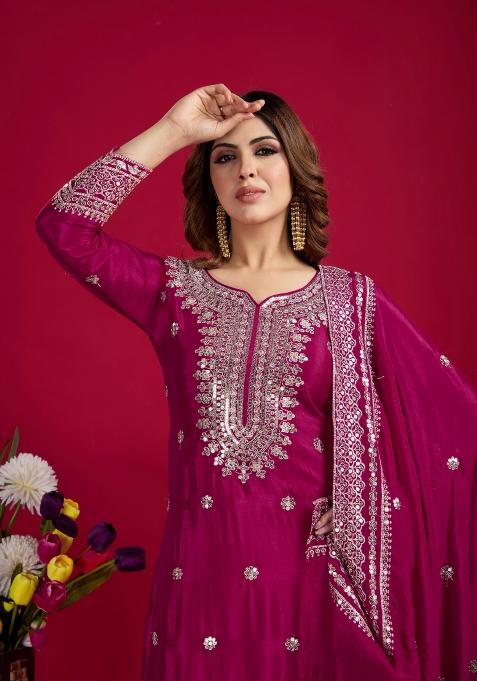 Pink Zari Work Art Silk Sharara Set With Dupatta