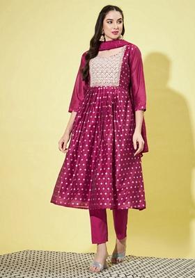 Purple Embroidered Chanderi Salwar Kameez With Dupatta
