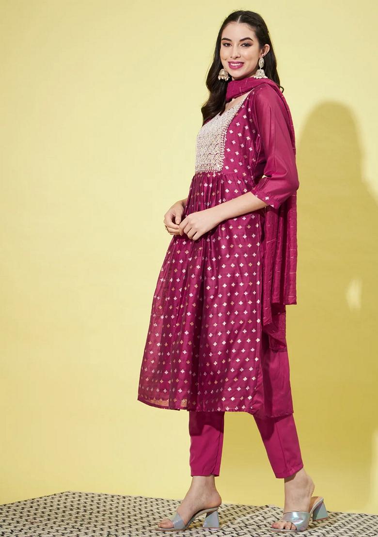 Purple Embroidered Chanderi Salwar Kameez With Dupatta