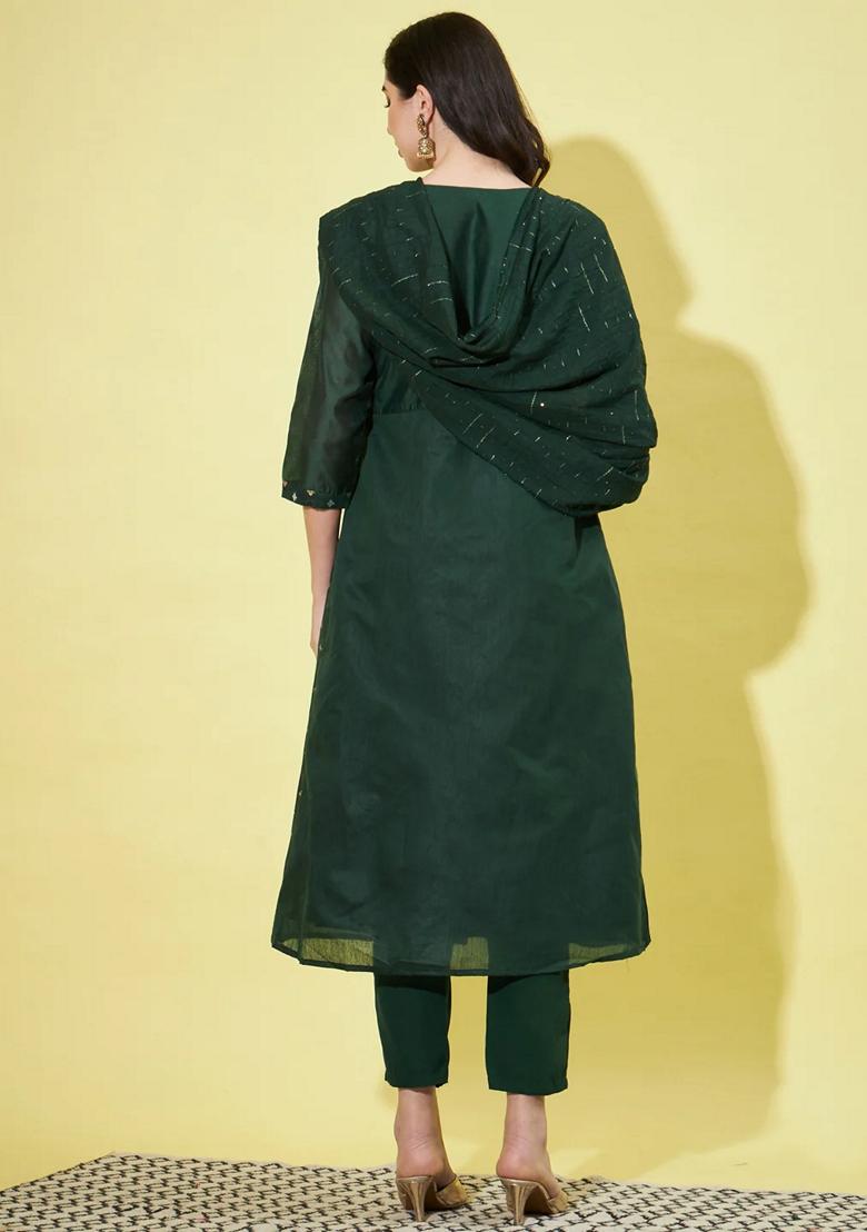 Green Embroidered Chanderi Salwar Kameez With Dupatta