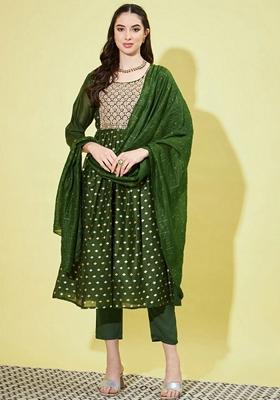 Mehendi Green Embroidered Chanderi Salwar Kameez With Dupatta