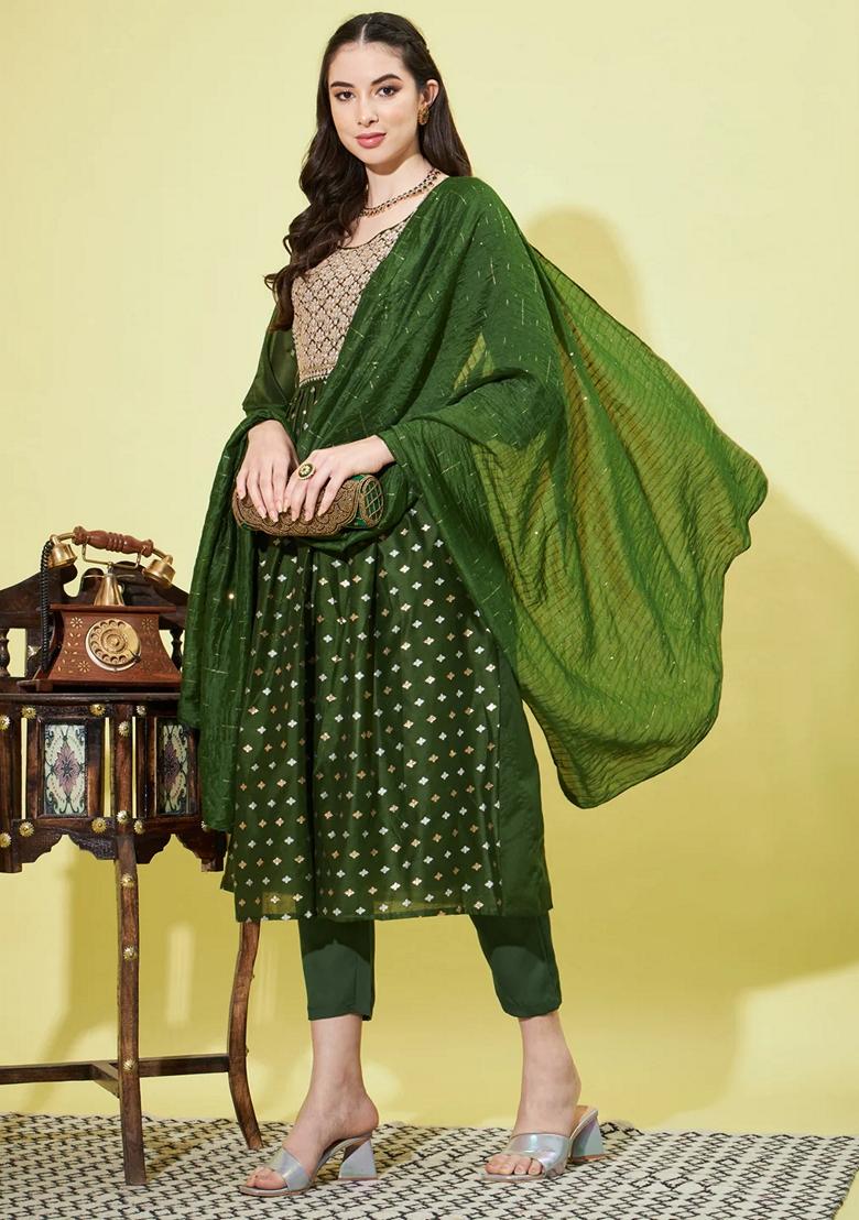 Mehendi Green Embroidered Chanderi Salwar Kameez With Dupatta
