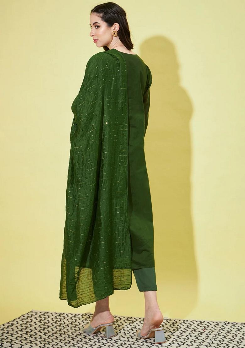 Mehendi Green Embroidered Chanderi Salwar Kameez With Dupatta