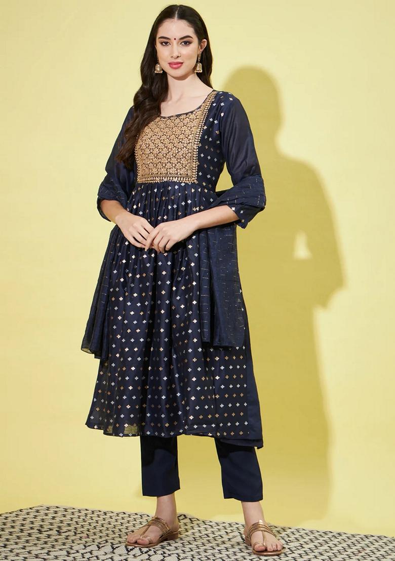 Blue Embroidered Chanderi Salwar Kameez With Dupatta