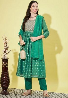 Rama Green Embroidered Chanderi Salwar Kameez With Dupatta