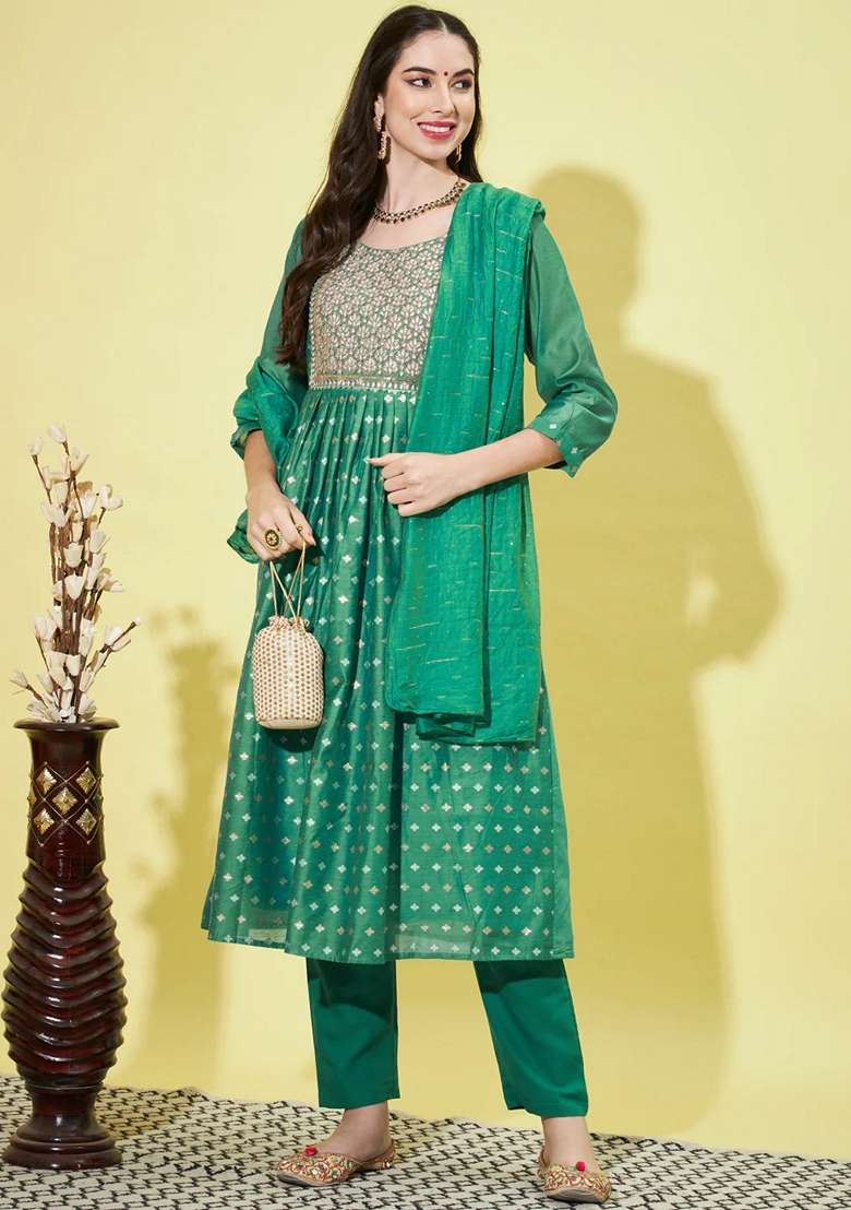 Rama Green Embroidered Chanderi A Line Kurta Set - Indya