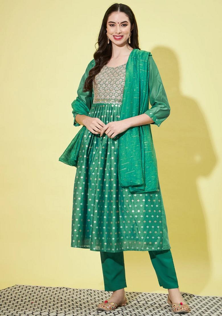 Rama Green Embroidered Chanderi Salwar Kameez With Dupatta
