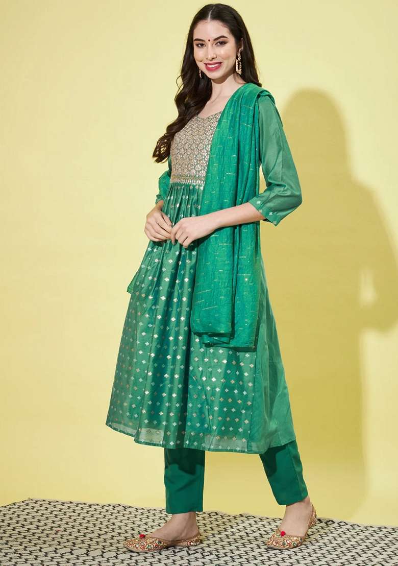 Rama Green Embroidered Chanderi A Line Kurta Set - Indya