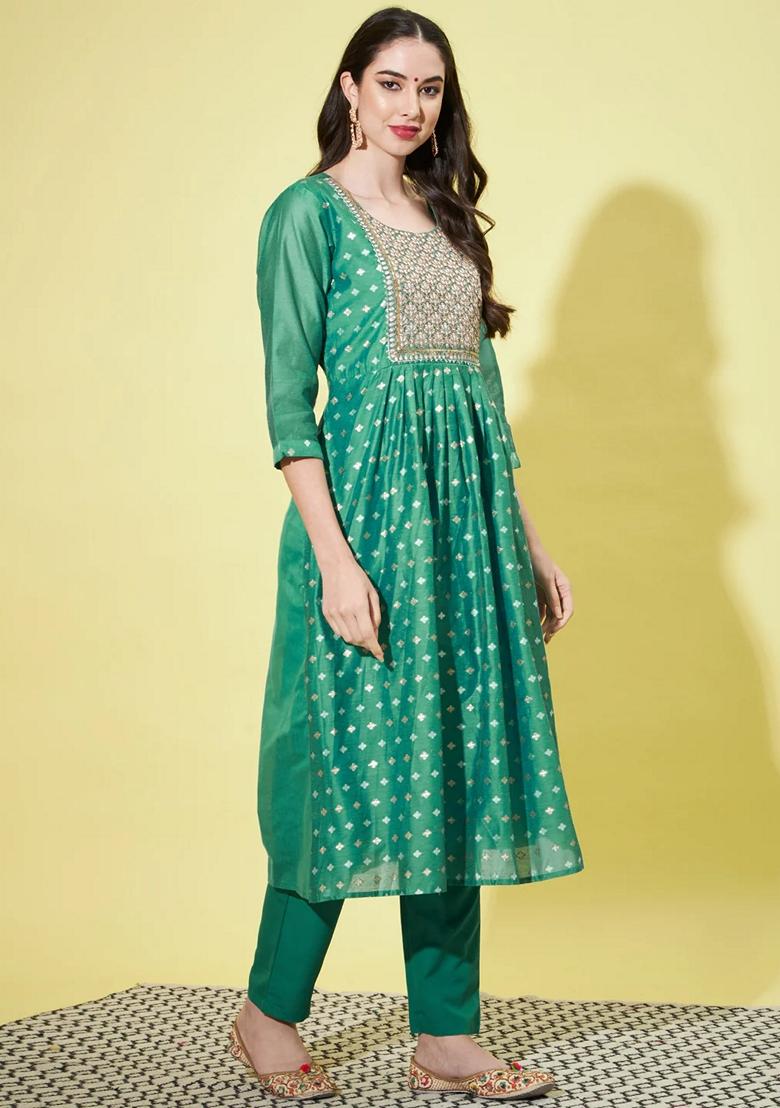 Rama Green Embroidered Chanderi Salwar Kameez With Dupatta