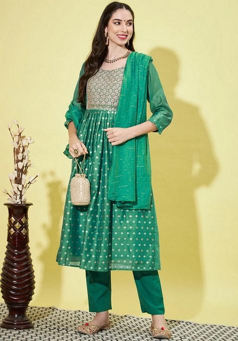 Rama Green Embroidered Chanderi A Line Kurta Set