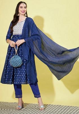 Blue Embroidered Chanderi Salwar Kameez With Dupatta