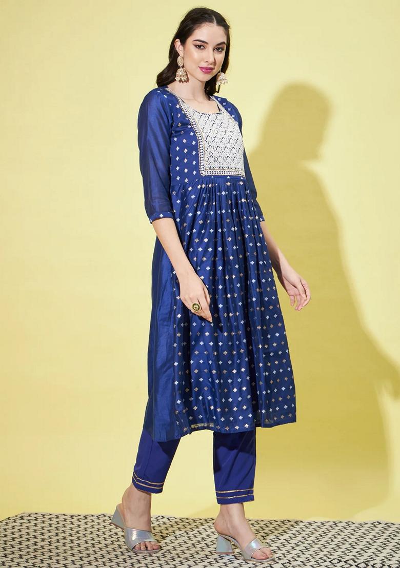 Blue Embroidered Chanderi Salwar Kameez With Dupatta