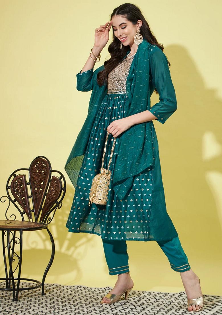 Teal Blue Embroidered Chanderi Salwar Kameez With Dupatta