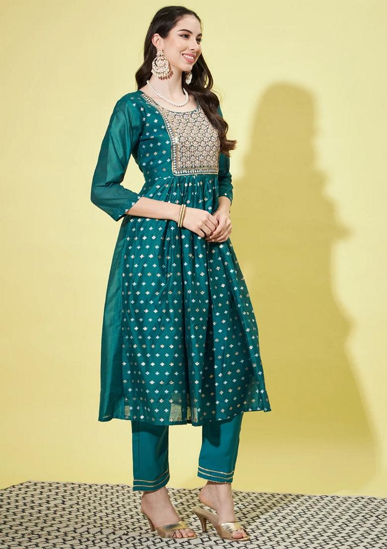 Teal Blue Embroidered Chanderi Salwar Kameez With Dupatta