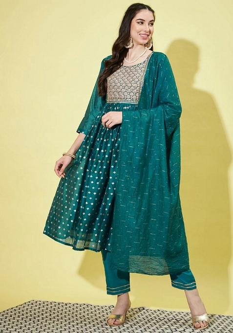 Teal Blue Printed Chanderi Anarkali Set