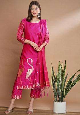 Pink Banarasi Woven Self Designed Pure Cotton Salwar Kameez With Dupatta