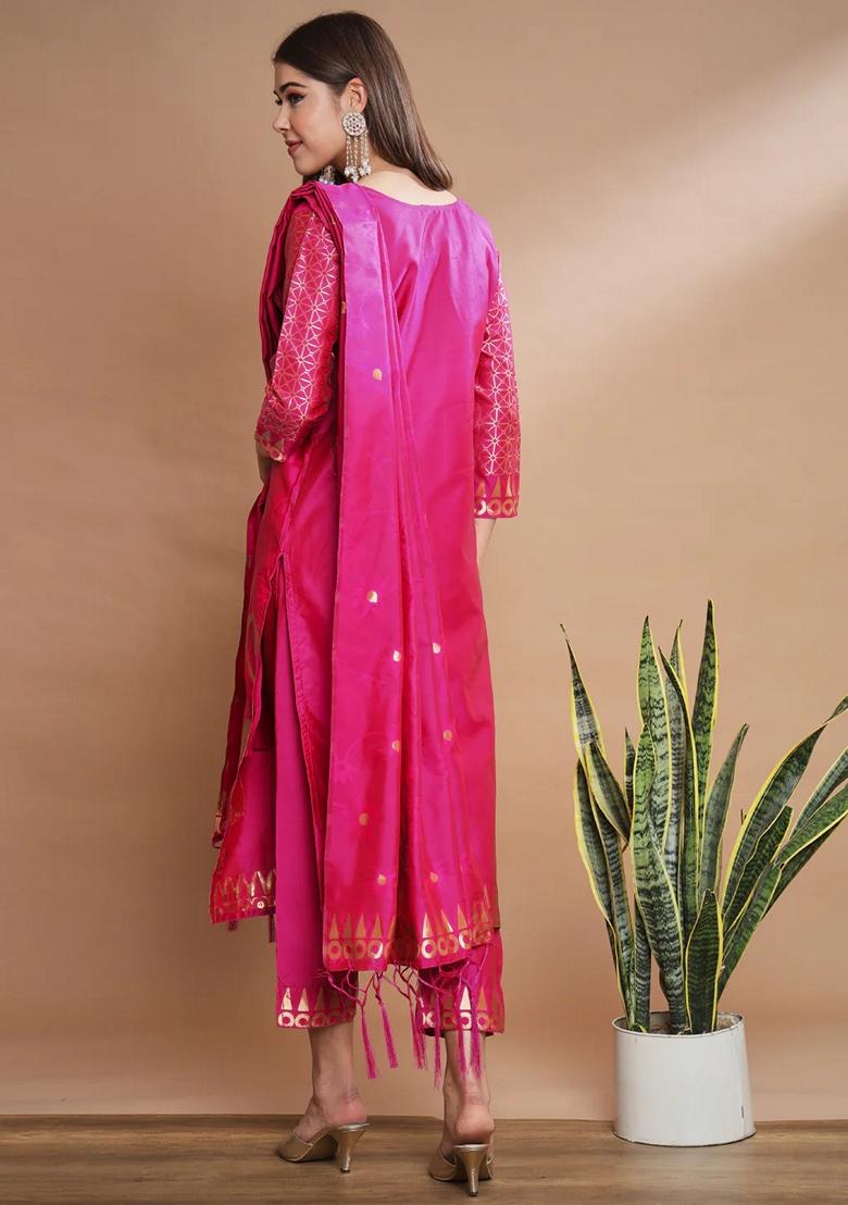 Pink Banarasi Woven Self Designed Pure Cotton Salwar Kameez With Dupatta