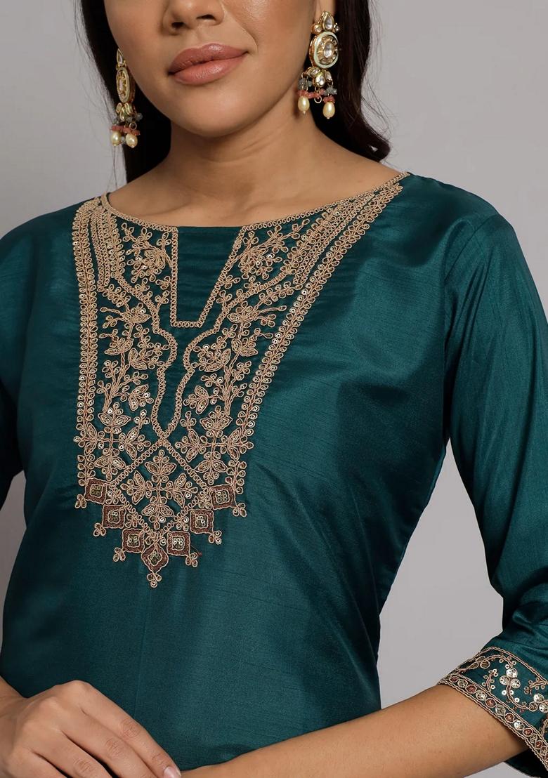 Green Embroidered Silk Blend Salwar Kameez With Dupatta