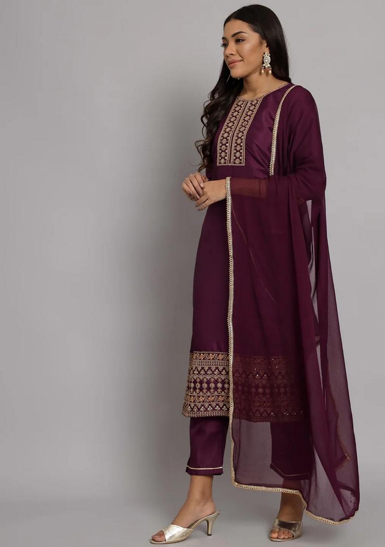 Purple Embroidered Silk Blend Salwar Kameez With Dupatta