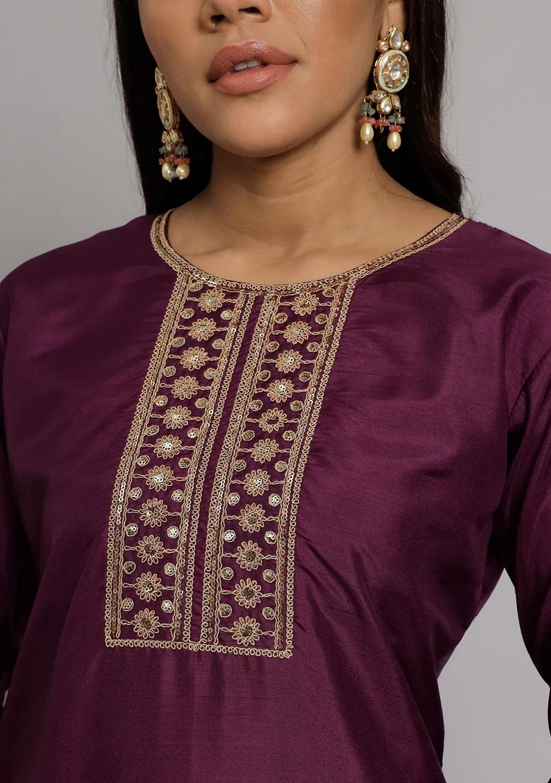 Purple Embroidered Silk Blend Salwar Kameez With Dupatta