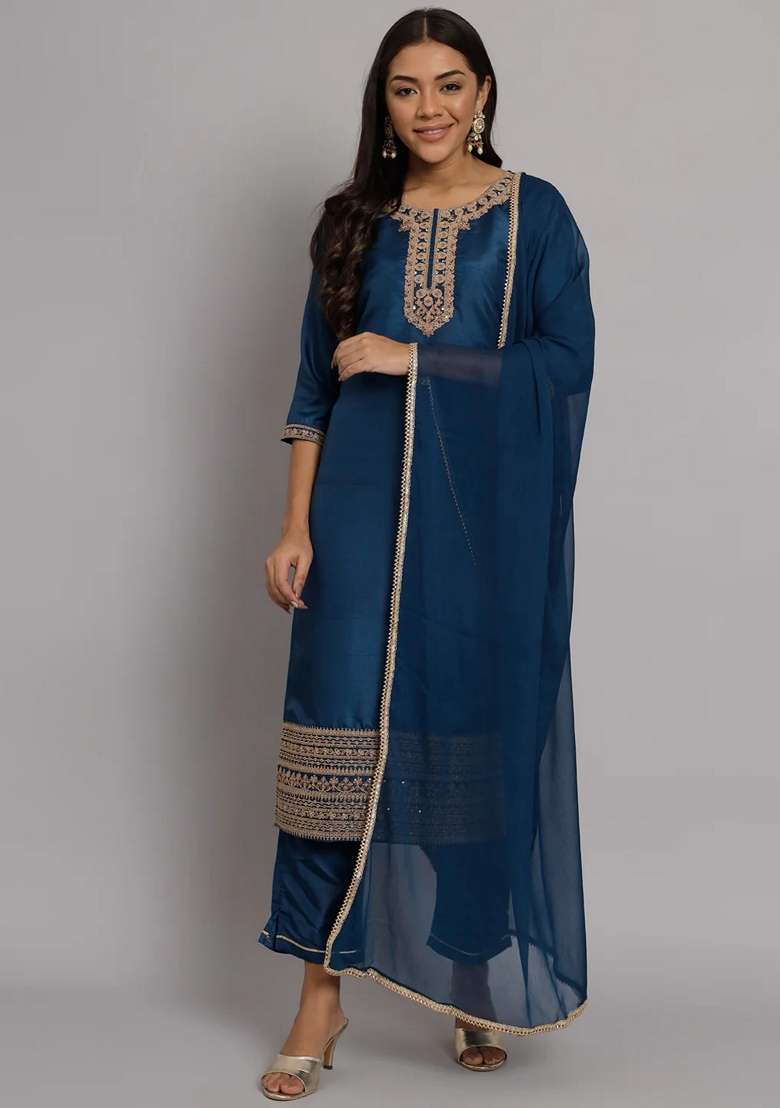 Teal Blue Embroidered Silk Blend Straight Kurta Set - Indya