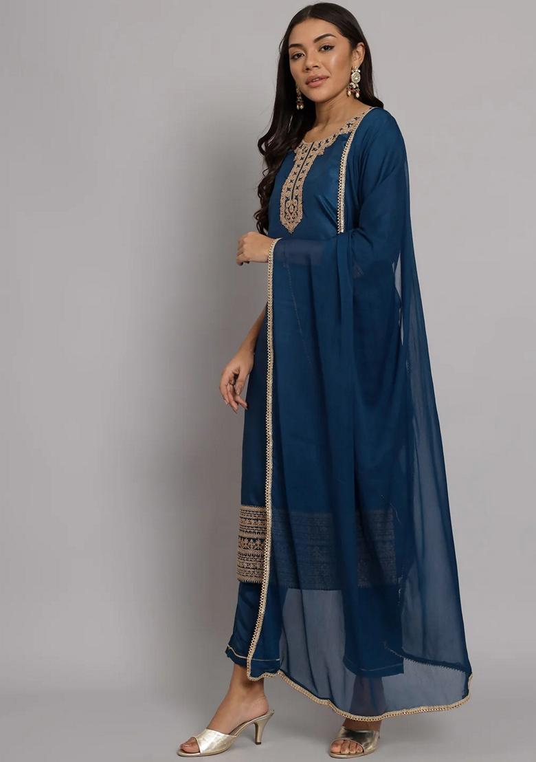 Teal Blue Embroidered Silk Blend Salwar Kameez With Dupatta
