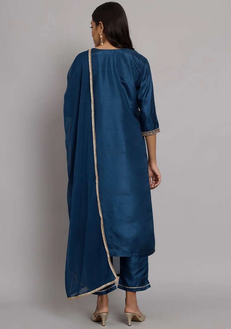 Teal Blue Embroidered Silk Blend Straight Kurta Set - Indya