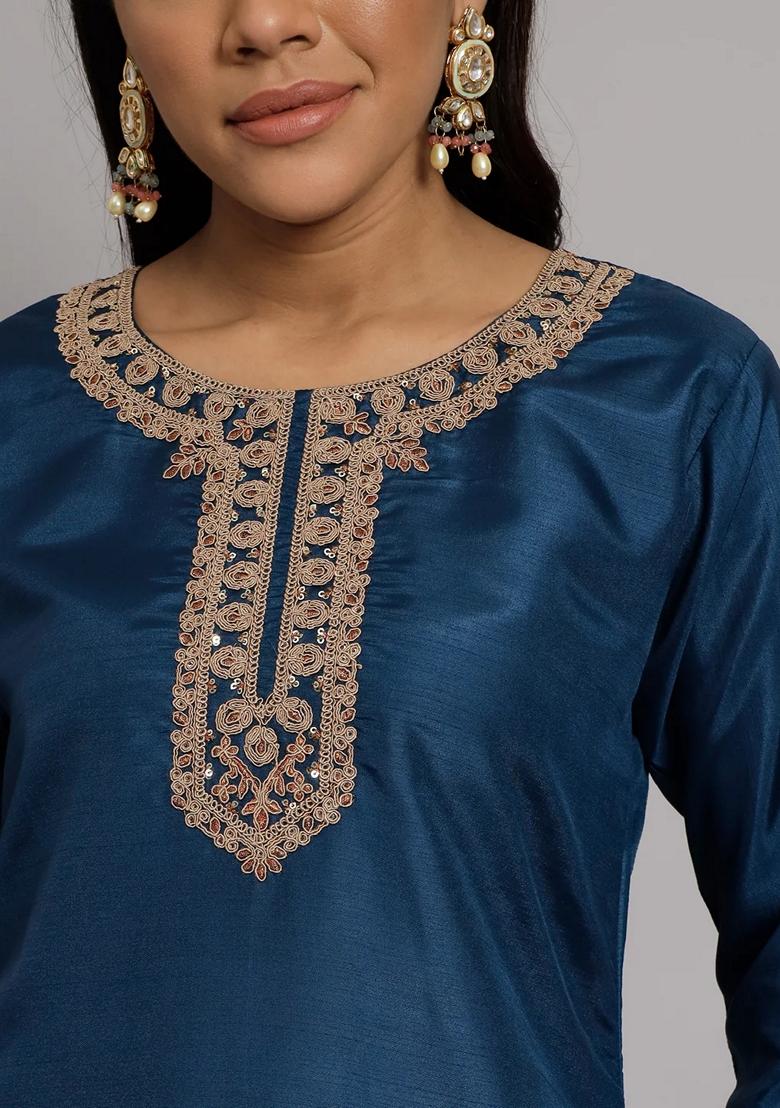 Teal Blue Embroidered Silk Blend Salwar Kameez With Dupatta