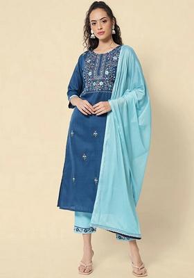 Blue Embroidered Pure Cotton Salwar Kameez With Dupatta