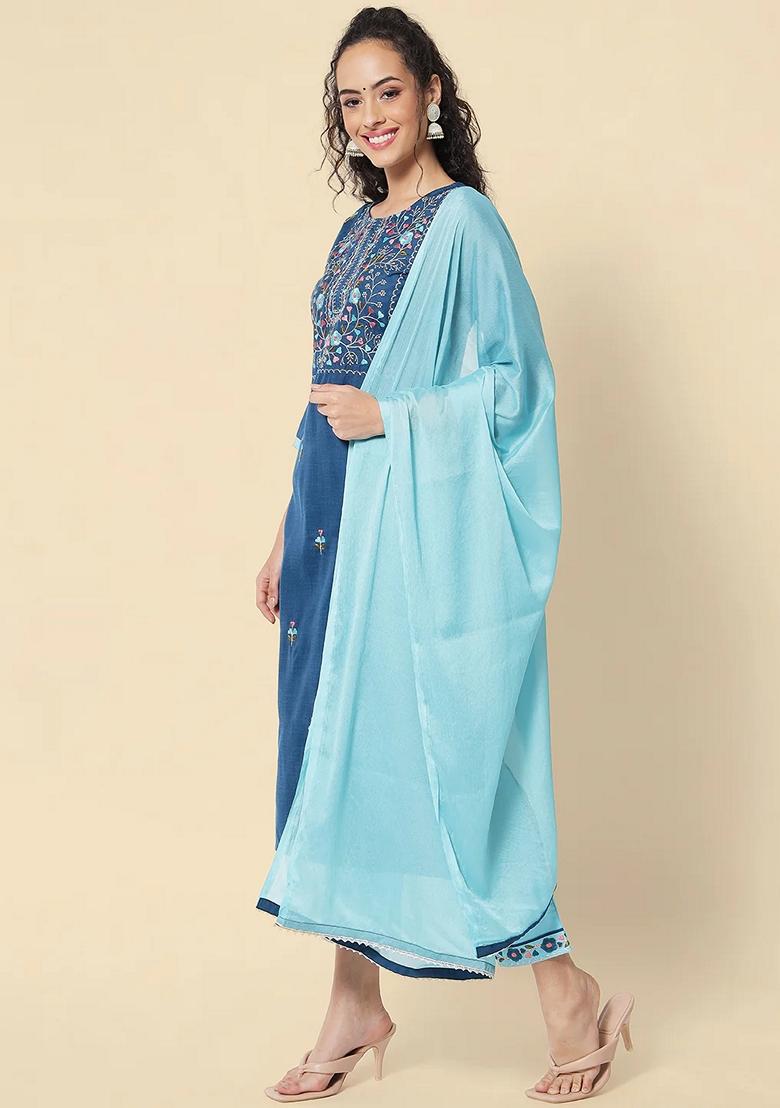 Blue Embroidered Pure Cotton Salwar Kameez With Dupatta