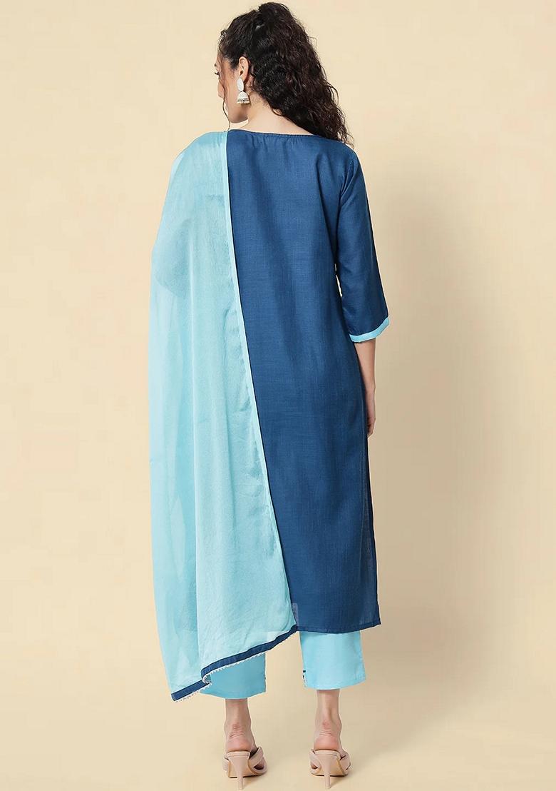 Blue Embroidered Pure Cotton Salwar Kameez With Dupatta