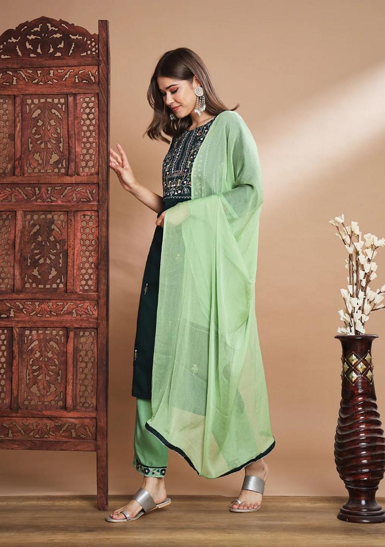 Green Embroidered Pure Cotton Salwar Kameez With Dupatta