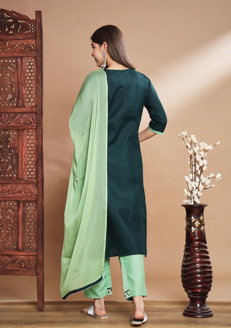 Green Embroidered Pure Cotton Salwar Kameez With Dupatta