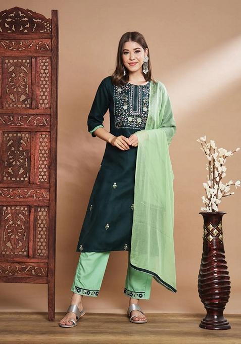 Green Embroidered Pure Cotton Salwar Kameez With Dupatta