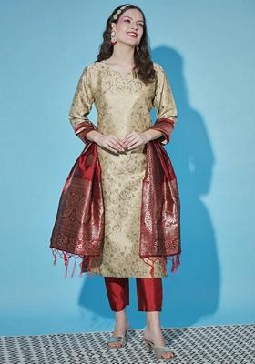 Beige Banarasi Woven Self Designed Pure Cotton Salwar Kameez With Dupatta