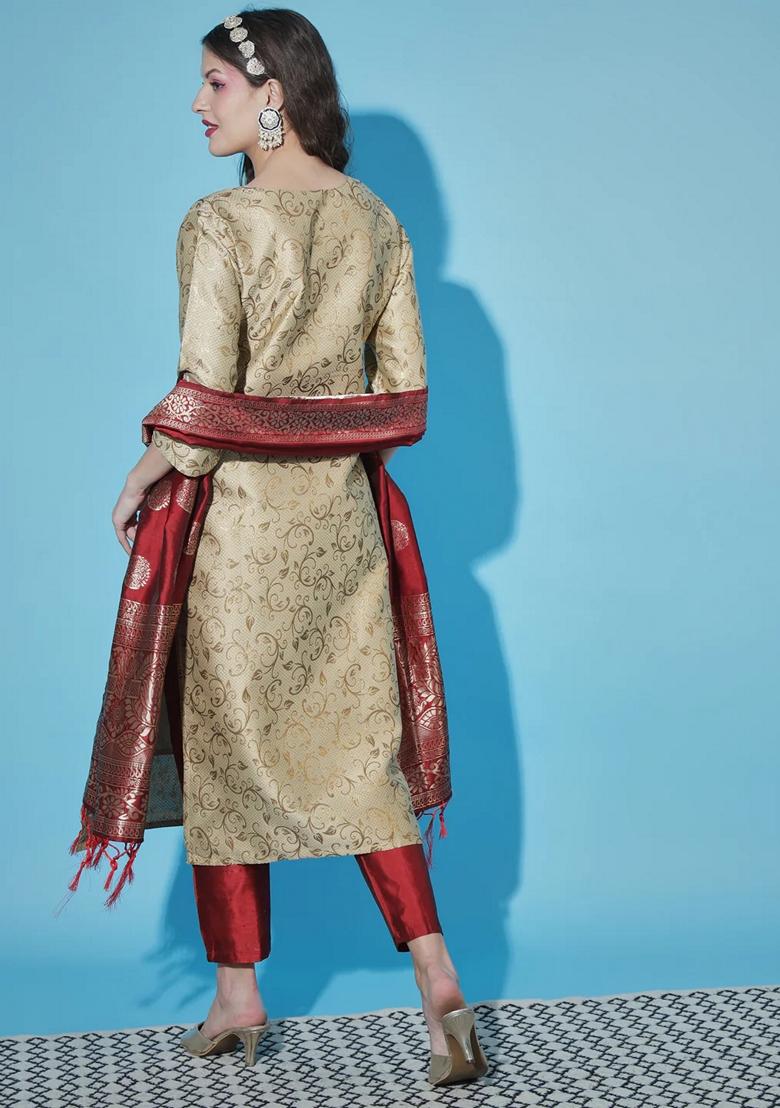 Beige Banarasi Woven Self Designed Pure Cotton Salwar Kameez With Dupatta