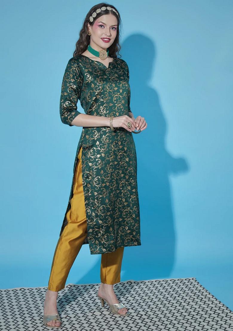 Green Banarasi Woven Self Designed Pure Cotton Salwar Kameez With Dupatta
