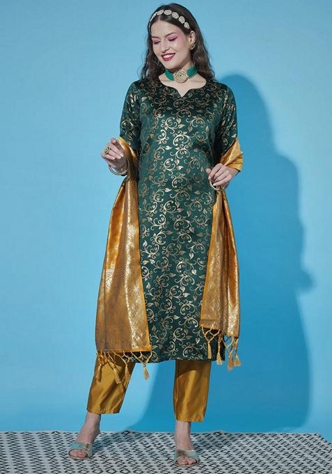 Green Jacquard Cotton Straight Kurta Set