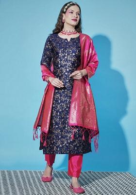 Blue Banarasi Woven Self Designed Pure Cotton Salwar Kameez With Dupatta