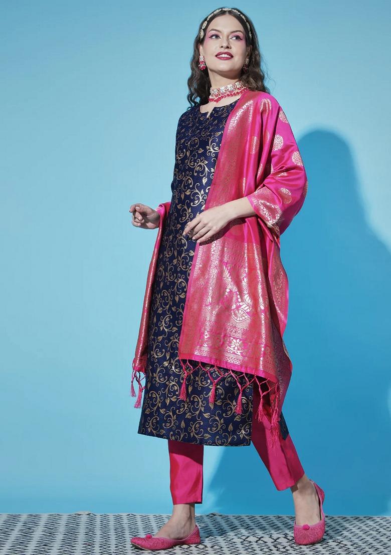 Blue Banarasi Woven Self Designed Pure Cotton Salwar Kameez With Dupatta