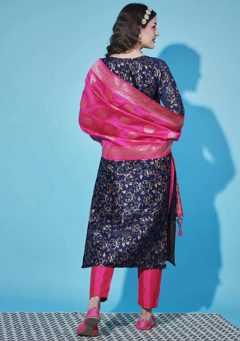 Blue Banarasi Woven Self Designed Pure Cotton Salwar Kameez With Dupatta