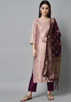 Pink Banarasi Woven Self Designed Pure Cotton Salwar Kameez With Dupatta