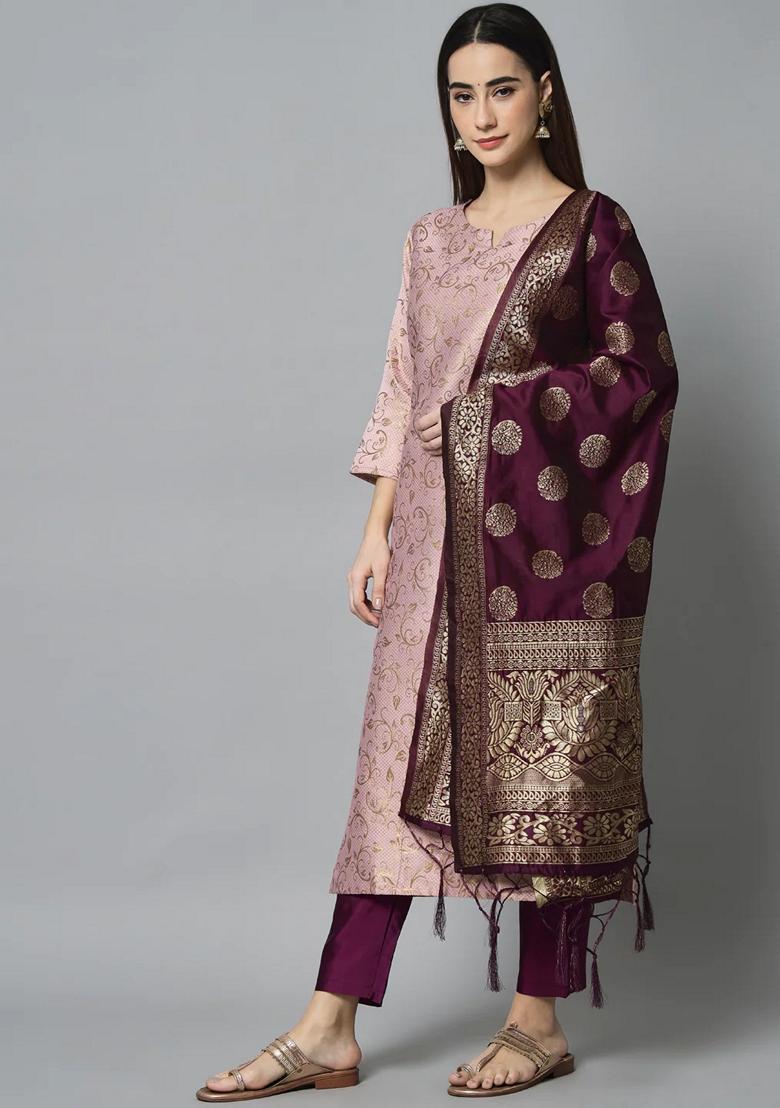 Pink Banarasi Woven Self Designed Pure Cotton Salwar Kameez With Dupatta