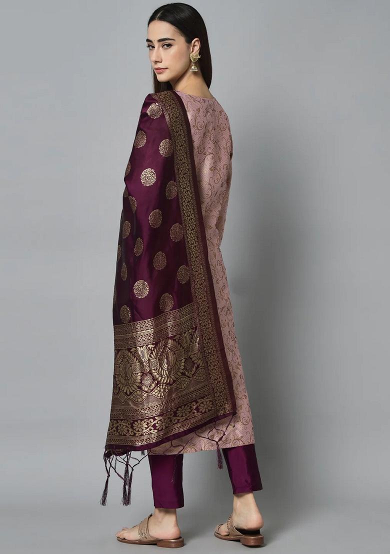 Pink Banarasi Woven Self Designed Pure Cotton Salwar Kameez With Dupatta