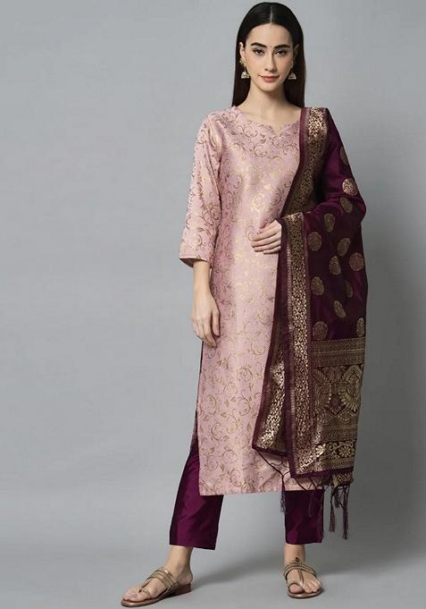 Pink Jacquard Cotton Straight Kurta Set