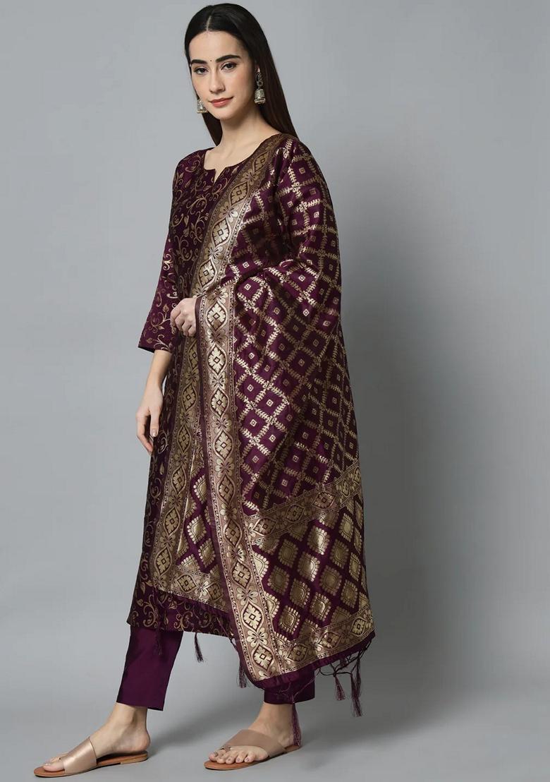 Purple Banarasi Woven Self Designed Pure Cotton Salwar Kameez With Dupatta